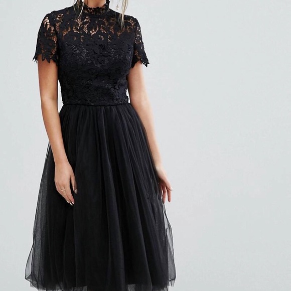 chi chi london lace top midi dress with pleated skirt in black